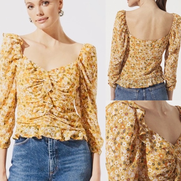 Astr Tops - NEW ASTR The Label Ruched Sleeve Sweetheart Top Ditsy Floral mustard size small